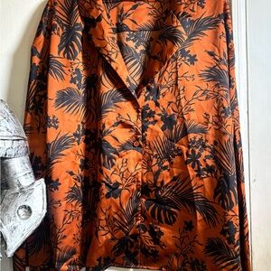 Tropical Orange and Black Floral Button Down Shirt